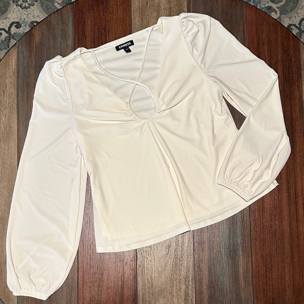 Express‎ Cream Long Sleeve Cutout Blouse – Size S, Ruched Front, Dressy Top